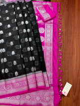 Black Semi Banarasi Organza Silk Saree with Hot Pink Border & Silver Zari Weave - Kaash