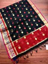 Black Semi Banarasi Soft Silk Saree | Red & Gold Zari Borders - Kaash