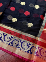 Black Semi Banarasi Soft Silk Saree | Red & Gold Zari Borders - Kaash