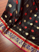 Black Semi Banarasi Soft Silk Saree | Red & Gold Zari Borders - Kaash