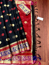 Black Semi Banarasi Soft Silk Saree | Red & Gold Zari Borders - Kaash