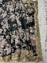 Black Soft Organza Party Wear Saree with Floral Digital Prints with Sequence and Zari Work - Kaash