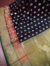 Black with Green Traditional Banarasi Silk Handloom Saree with Paithani Border and Pallu | Meenakari Work | Floral Saree - Kaash