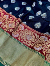 Black with Green Traditional Banarasi Silk Handloom Saree with Paithani Border and Pallu | Meenakari Work | Floral Saree - Kaash