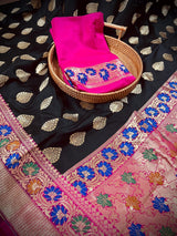 Black with Hot Pink Traditional Banarasi Silk Handloom Saree with Paithani Border and Pallu - Kaash