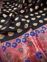 Black with Hot Pink Traditional Banarasi Silk Handloom Saree with Paithani Border and Pallu - Kaash