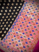 Black with Hot Pink Traditional Banarasi Silk Handloom Saree with Paithani Border and Pallu - Kaash