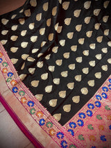 Black with Hot Pink Traditional Banarasi Silk Handloom Saree with Paithani Border and Pallu | Meenakari Work | Floral Saree - Kaash