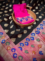 Black with Hot Pink Traditional Banarasi Silk Handloom Saree with Paithani Border and Pallu | Meenakari Work | Floral Saree - Kaash