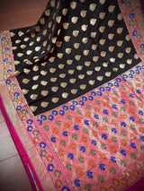 Black with Hot Pink Traditional Banarasi Silk Handloom Saree with Paithani Border and Pallu | Meenakari Work | Floral Saree - Kaash