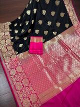 Black with Magenta Pink combination Traditional Banarasi Semi Katan Handloom Saree with Lotus Borders | Silk Saree - Kaash