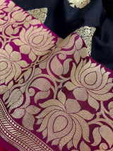 Black with Magenta Pink combination Traditional Banarasi Semi Katan Handloom Saree with Lotus Borders | Silk Saree - Kaash