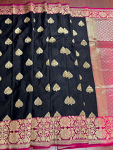 Black with Magenta Pink combination Traditional Banarasi Semi Katan Handloom Saree with Lotus Borders | Silk Saree - Kaash
