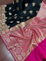 Black with Magenta Pink combination Traditional Banarasi Semi Katan Handloom Saree with Lotus Borders | Silk Saree - Kaash