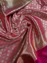 Black with Magenta Pink combination Traditional Banarasi Semi Katan Handloom Saree with Lotus Borders | Silk Saree - Kaash
