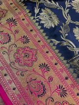 Blue and Hot Pink Color Traditional Banarasi Satin Silk Saree with Gold Zari Jaal Weave - Kaash
