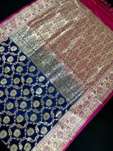 Blue & Hot Pink Banarasi saree in banarasi satin silk with gold zari jaal with hot pink meenakari pallu — Kaash Collection