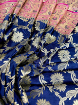Blue & Hot Pink Banarasi saree in banarasi satin silk with gold zari jaal with hot pink meenakari pallu — Kaash Collection