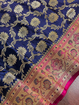 Blue and Hot Pink Color Traditional Banarasi Satin Silk Saree with Gold Zari Jaal Weave - Kaash
