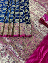 Blue & Hot Pink Banarasi saree in banarasi satin silk with gold zari jaal with hot pink meenakari pallu — Kaash Collection
