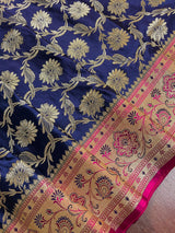 Blue and Hot Pink Color Traditional Banarasi Satin Silk Saree with Gold Zari Jaal Weave - Kaash