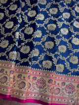 Blue and Hot Pink Color Traditional Banarasi Satin Silk Saree with Gold Zari Jaal Weave - Kaash