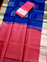 Blue and Peach Pink Pure Soft Kanjivaram Silk Saree - Muted Gold Color Zari - Heirloom Kanchipuram Pure Silk - SILK MARK CERTIFIED - Kaash
