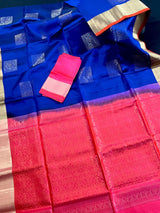 Blue and Peach Pink Pure Soft Kanjivaram Silk Saree - Muted Gold Color Zari - Heirloom Kanchipuram Pure Silk - SILK MARK CERTIFIED - Kaash