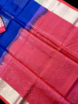 Blue and Peach Pink Pure Soft Kanjivaram Silk Saree - Muted Gold Color Zari - Heirloom Kanchipuram Pure Silk - SILK MARK CERTIFIED - Kaash