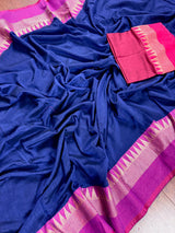 Blue and Purple Pure Khaadi Cotton with Temple Borders | Authentic Handloom Saree | Bengal Sarees | Kaash Collection - Kaash
