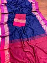 Blue and Purple Pure Khaadi Cotton with Temple Borders | Authentic Handloom Saree | Bengal Sarees | Kaash Collection - Kaash