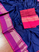 Blue and Purple Pure Khaadi Cotton with Temple Borders | Authentic Handloom Saree | Bengal Sarees | Kaash Collection - Kaash
