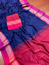 Blue and Purple Pure Khaadi Cotton with Temple Borders | Authentic Handloom Saree | Bengal Sarees | Kaash Collection - Kaash