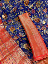 Blue & Red Banarasi saree in pure chiniya silk with digital prints with meenakari & wide borders — Kaash Collection