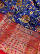 Blue & Red Banarasi saree in pure chiniya silk with digital prints with meenakari & wide borders — Kaash Collection