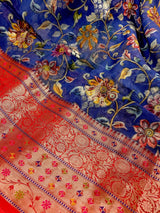 Blue & Red Banarasi saree in pure chiniya silk with digital prints with meenakari & wide borders — Kaash Collection