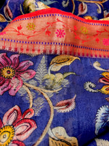 Blue and Red Pure Chiniya Silk Saree with Floral Digital Prints | Statement Sarees | Banarasi Chiniya Silk Saree - Kaash
