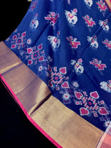 Blue Banarasi Cotton Silk saree in banarasi cotton silk with bird motifs with meenakari & resham zari — Kaash Collection