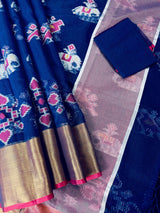 Blue Banarasi Cotton Silk saree in banarasi cotton silk with bird motifs with meenakari & resham zari — Kaash Collection