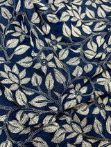 Blue with Dense White Kantha hand Kantha stitch saree on Bangalori silk — Kaash Collection
