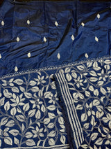 Blue with Dense White Kantha hand Kantha stitch saree on Bangalori silk — Kaash Collection
