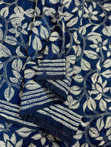 Blue with Dense White Kantha hand Kantha stitch saree on Bangalori silk — Kaash Collection