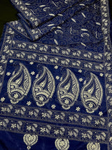 Blue Color Bangalori Silk Saree with Hand Kantha Stitch | Handwoven Kantha Stitch Sarees | Kantha Saress | Bengal Sarees | Silk Sarees - Kaash