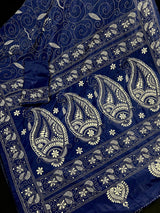 Blue Color Bangalori Silk Saree with Hand Kantha Stitch | Handwoven Kantha Stitch Sarees | Kantha Saress | Bengal Sarees | Silk Sarees - Kaash