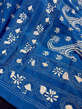 Blue with White Kantha hand Kantha stitch saree on Bangalori silk — Kaash Collection