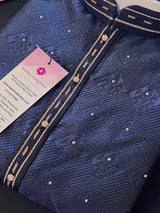 Blue men's kurta pajama in silk (non-pure) with embossed design with zari buttis — Kaash Collection