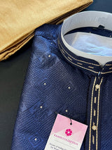 Blue men's kurta pajama in silk (non-pure) with embossed design with zari buttis — Kaash Collection