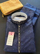 Blue men's kurta pajama in silk (non-pure) with embossed design with zari buttis — Kaash Collection
