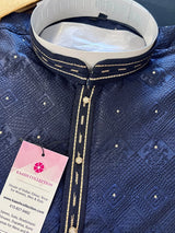 Blue men's kurta pajama in silk (non-pure) with embossed design with zari buttis — Kaash Collection