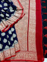 Blue with Red Pallu pure khaddi georgette banarasi silk saree with zari floral jaal with red pallu — Kaash Collection